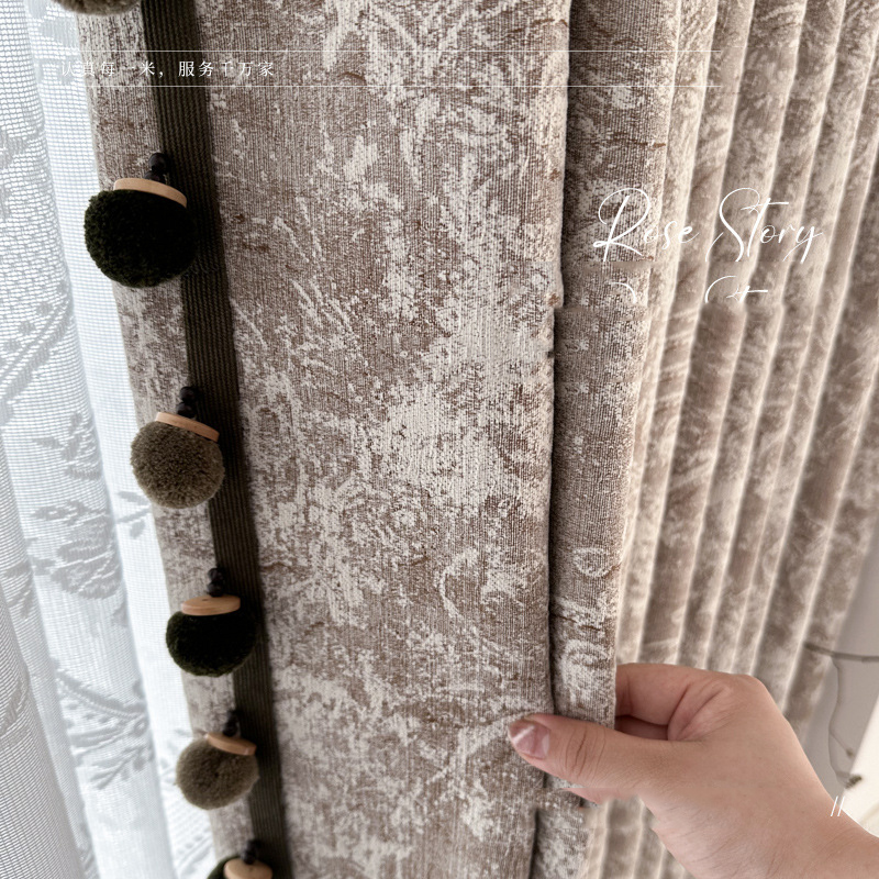T0385 French Rose Story Rose Manor Curtain Yarn-dyed Jacquard Chenille Blackout Curtain with Pine Cone Pom Poms