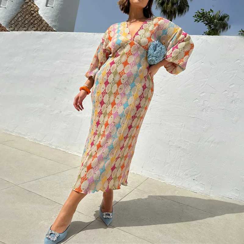 Urban Sexy Dresses 2025 Summer Women Geometric Patterns Print on Dr V-neck Puff Slve Loose Pleated Midi Dr Female Robes Plus Size S-3XL Y240312IYTV