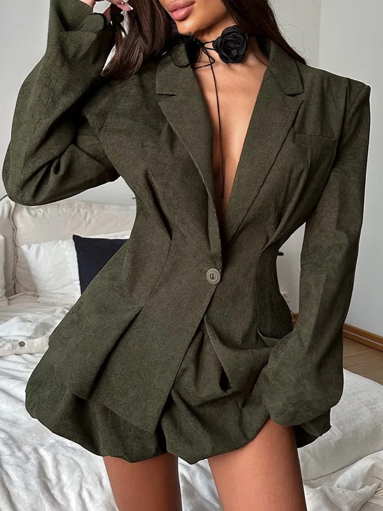 Women Green Two-Piece Suit Tweed Pleated Casual Blazer And Skirt Loose Jacket Fashion Spring Autumn 2025 New A676