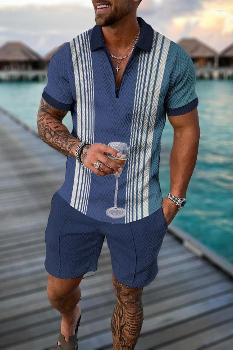 Designer Shirts Men: Bohemian Geometric 3D Print Polo Shirt Zipper Lapel Set & Shorts - Hawaiian Holiday Outfit