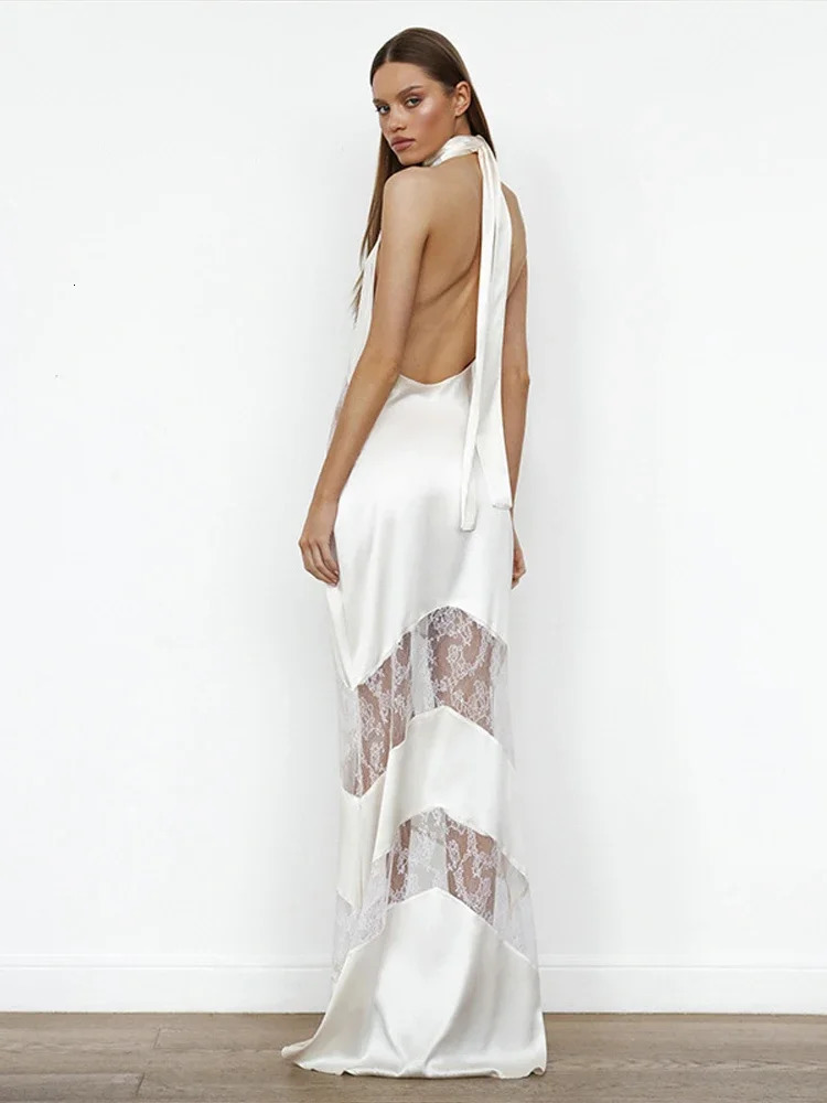 Elegant Solid Backless Lady Maxi Dress Chic Lace Patchwork Women Halter Dresses Evening Party Hip Package Female 250313
