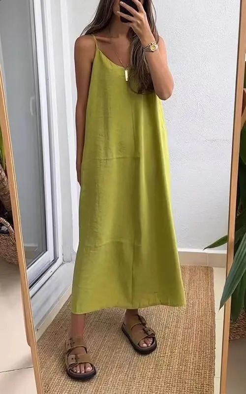 2025 Women Sleeveless Long Dress Loose Slim Camisole Suit V-neck Smooth Color Casual Style Fashionable Summer Novelty 250313