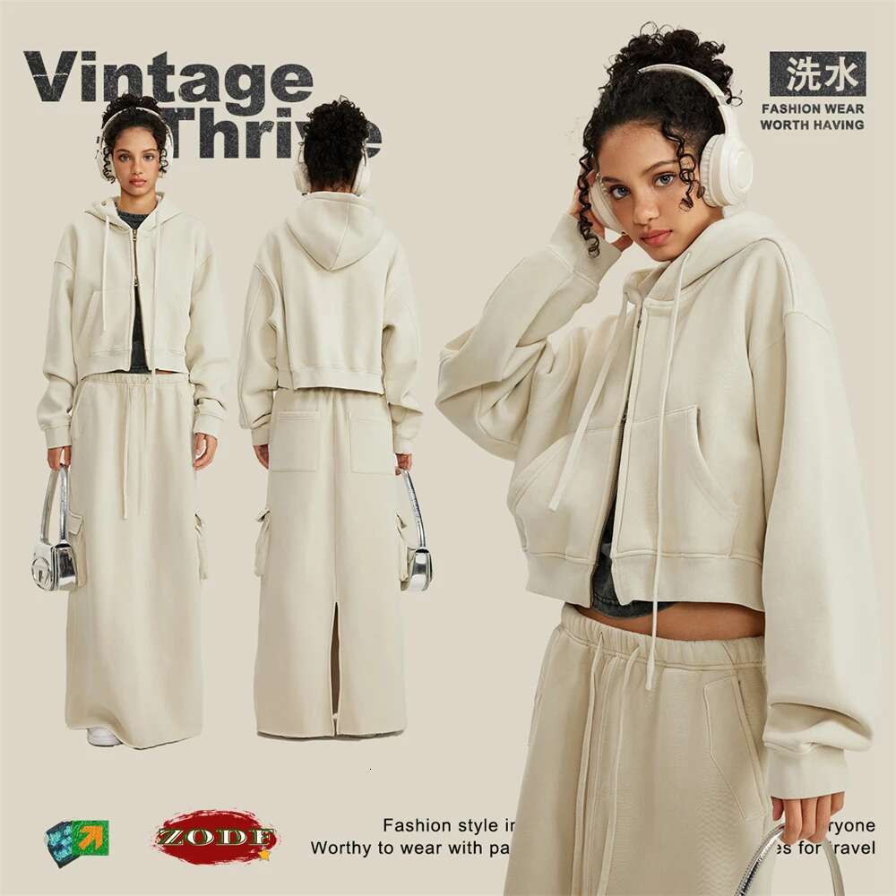 Retro Winter Women Short Zipper Hoodies Female Girls Loose Thick Fleece Hooded Zip-Up Coat Streetwears H