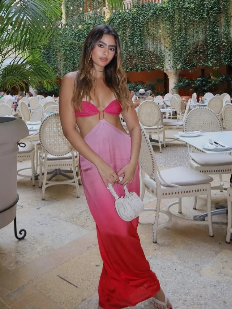 Fashionable gradient hollow long skirt elegant womens cut satin shoulder dress summer street party 250313