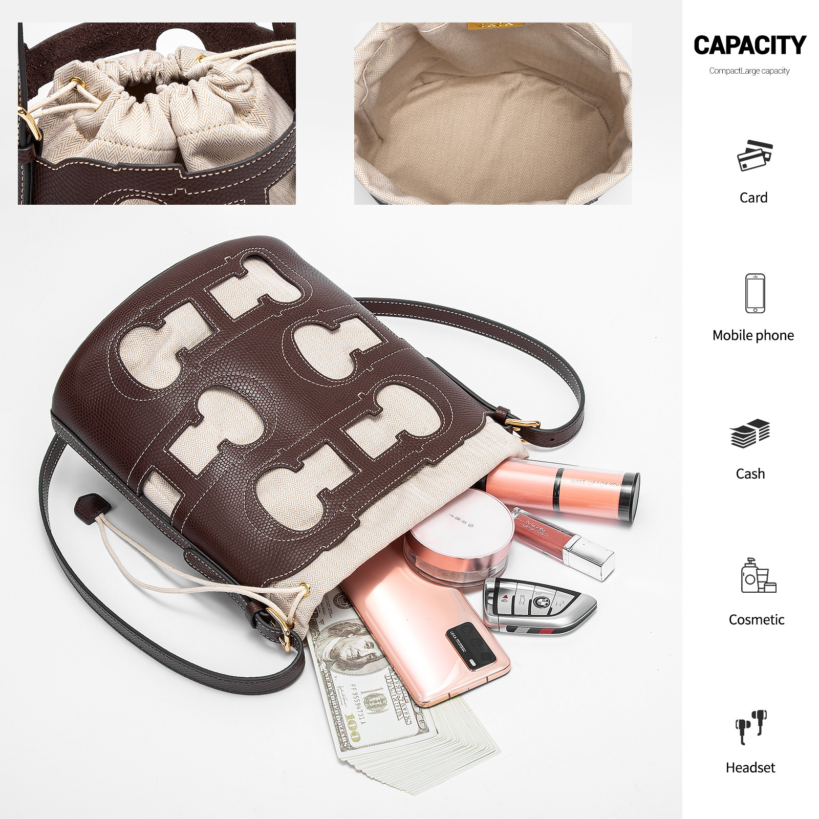 CHCH Hollow Design Trendy Daily Versatile New Double-Layer Drawstring Women's Single Shoulder Crossbody Bag