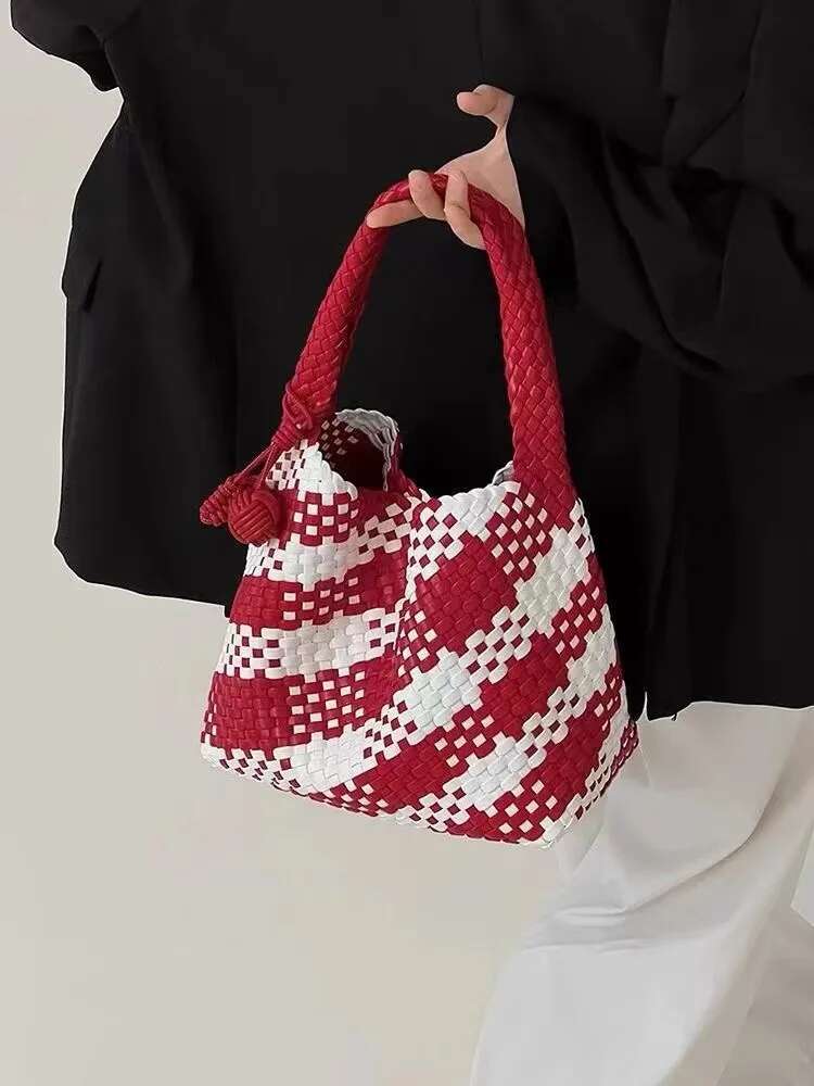 Woman Large Casual Tote PU Leather University Striped Mistress Gift Woven Shoulder Bag