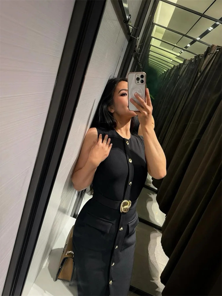 Elegant split style womens long skirt Oneck sleeveless single chest waist pleated pocket dress summer Vestidas 250313