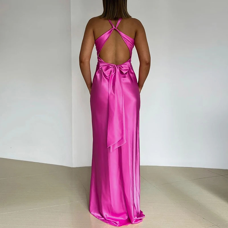 Womens Fashion High Waist Solid Party Dress Sexy Deep Vneck Satin Summer Elegant Backless Bow Lace Long 250313