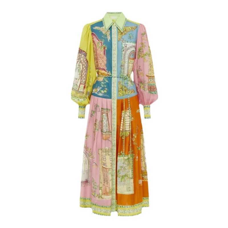 Urban Sexy Dresses 2025 Spring and Summer Printed Flower Collar Long Sleeve Single Chest Strap Womens Bohemian Holiday Party Dress Y240312IO53