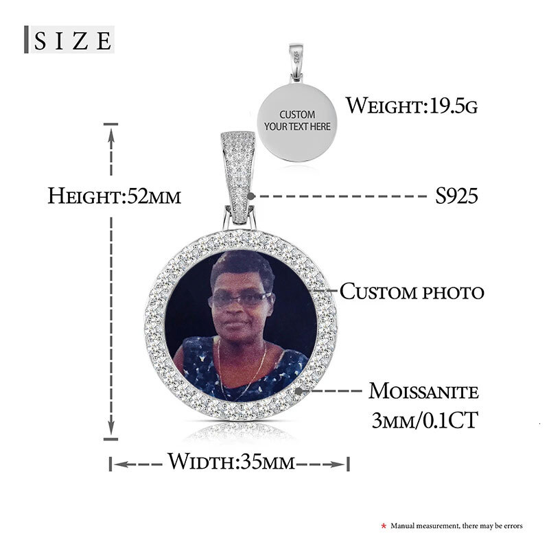 Nuoya In Stock Hight Quality VVS Moissanite Photo Pendant 925 Sterling Silver Custom Round Picture Frame Pendant Necklace Gift