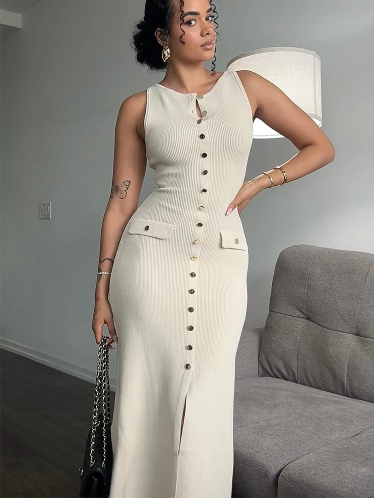 Womens Knit Cardigan Dress Summer Elegant Lady Long Dresses Solid Single Breasted Sleeveless Bodycon Female 250313
