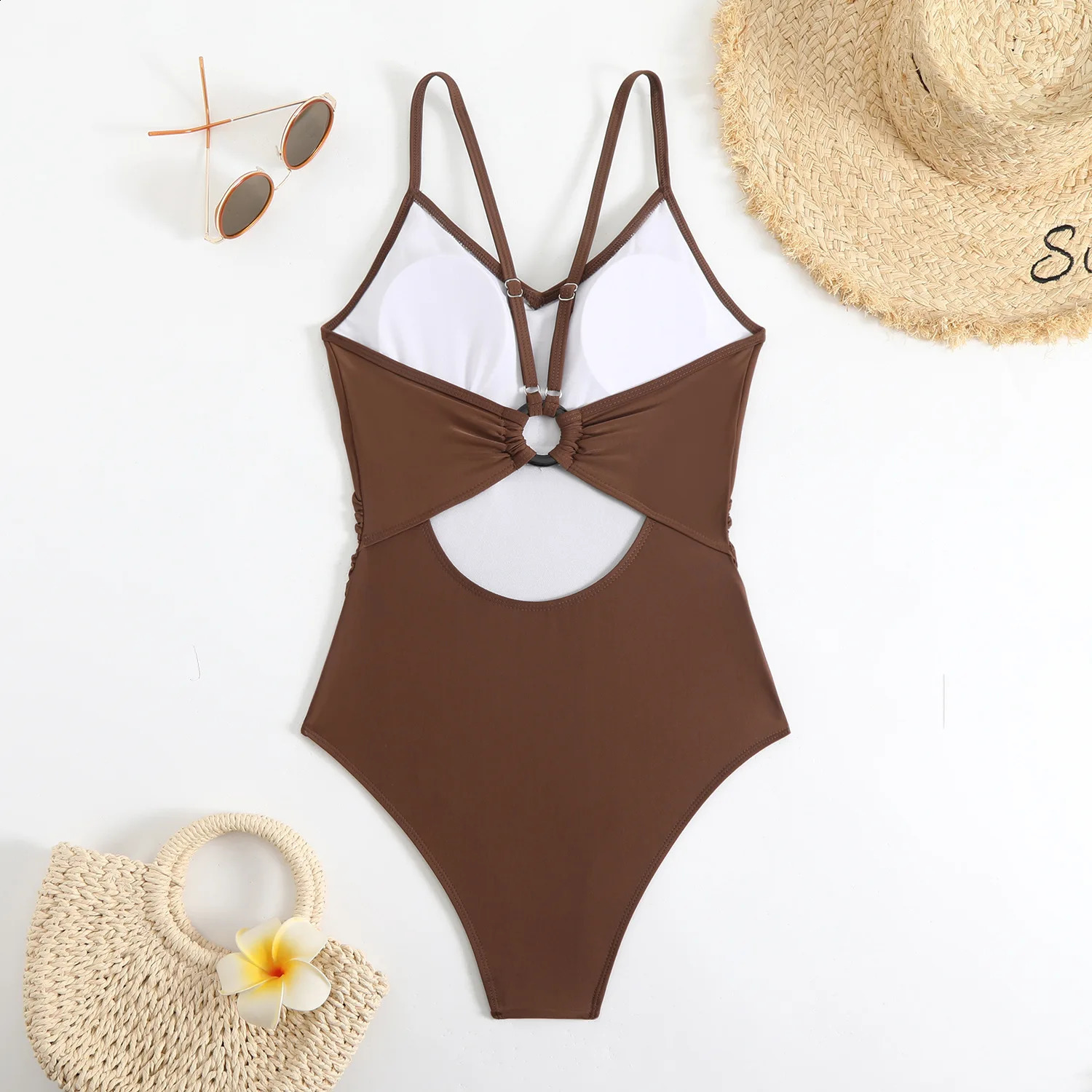 brown onepiece swimsuit womens thong sexy backless Monokini beach black and white 250409