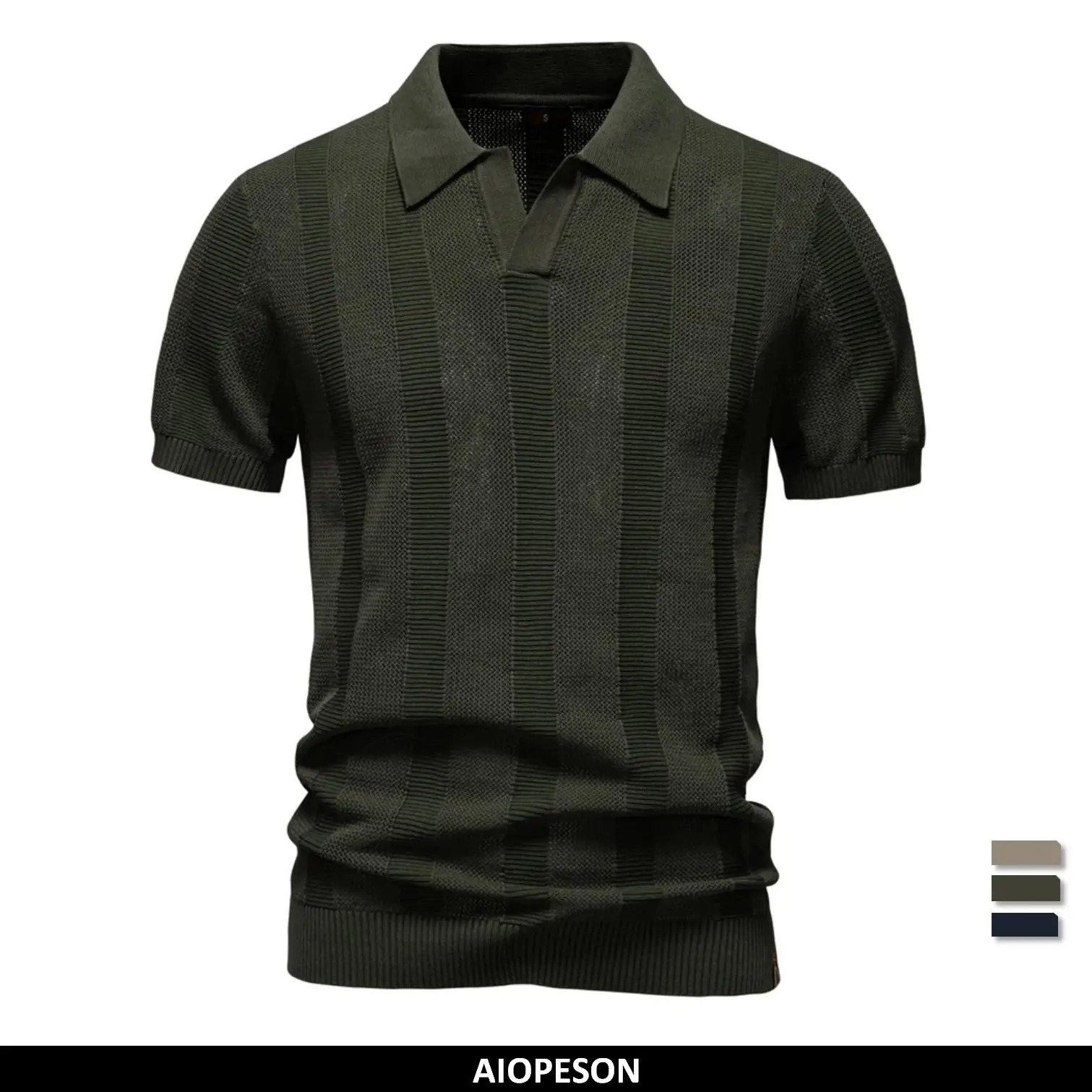 AIOPESON Mens Solid Striped Mesh Polo Shirt Breathable Knitted Casual Top with Collar 250313