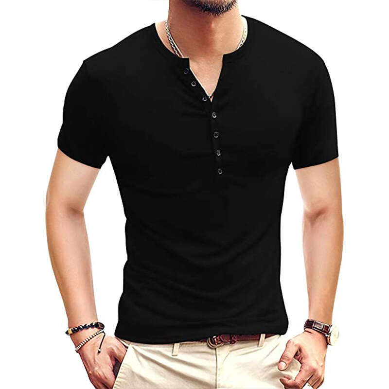 summer clothing, European and American Henry shirt, short sleeved men's T-shirt, solid color top, new casual fashion trend clothing