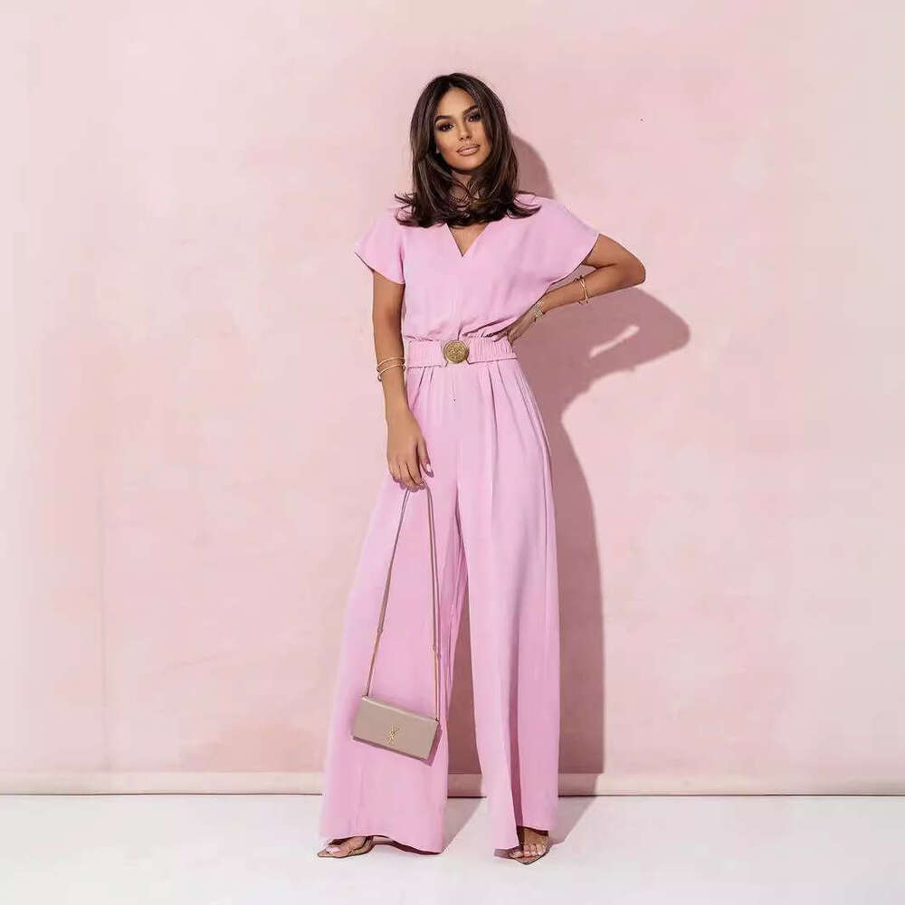 women's clothing, European and American solid color V-neck waist cinched short sleeved pants jumpsuit, 2025 new casual versatile fashion clothing