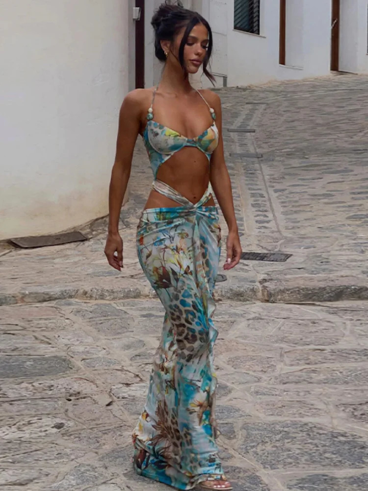 Womens sexy printed bikini patch work pleated long dress with hollow out shoulder and ultrathin straps Vestado womens beach club outfit 250313