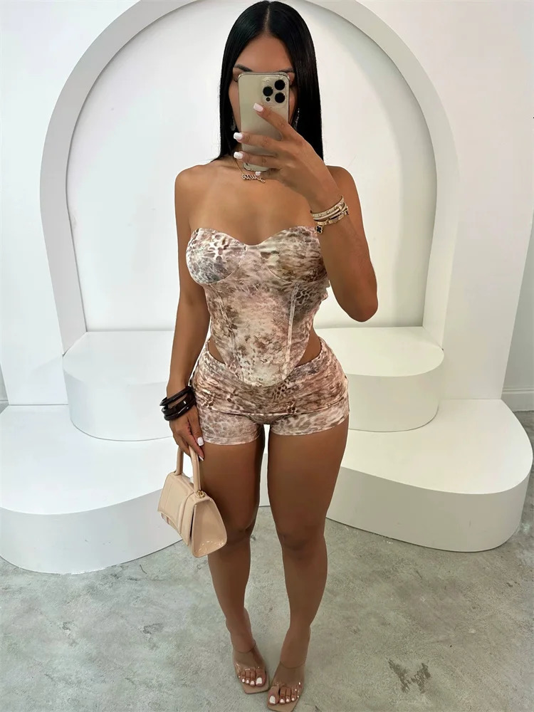 kliou Animals Print Matching 2 Piece Set Women Summer Strapless Crop TanksStacked Skinny Shorts Female Hipster Streetwear 250312