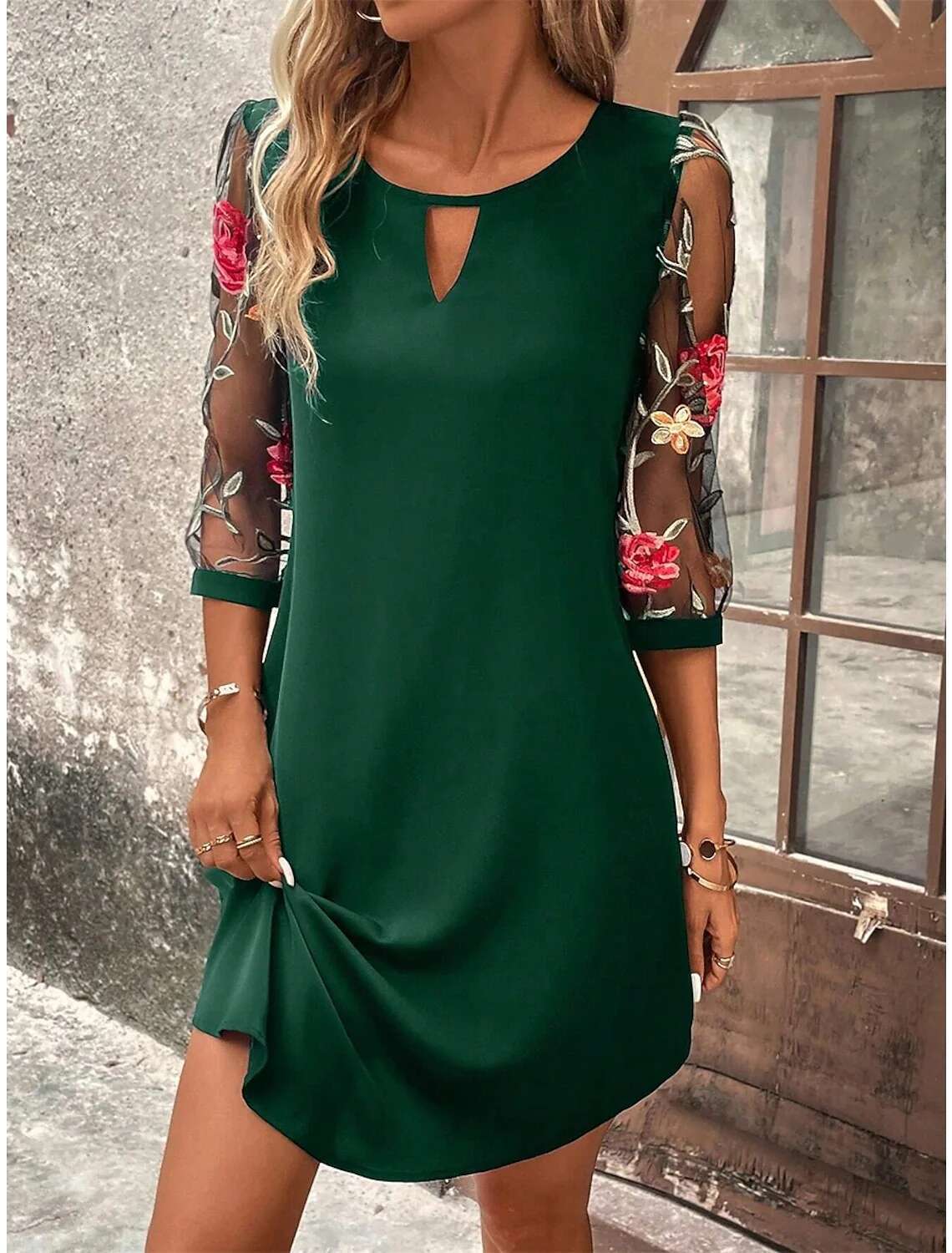 Women's Perspective Mid Sleeve Printed Round Neck Mini Skirt Summer Party Dress
