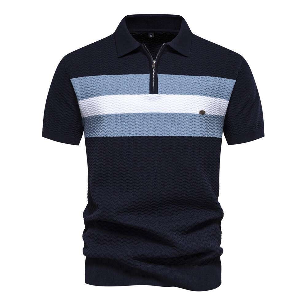 summer high-end striped business thin men's lapel half zipper short sleeved 2025 new casual versatile fashion clothing