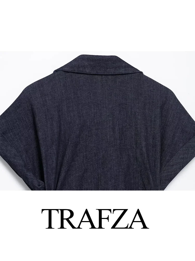 TRAFZA Womens Dress Fashion Solid Short Sleeve SingleBreasted Female Summer Pleated n Denim Turn down Collar Midi 250313