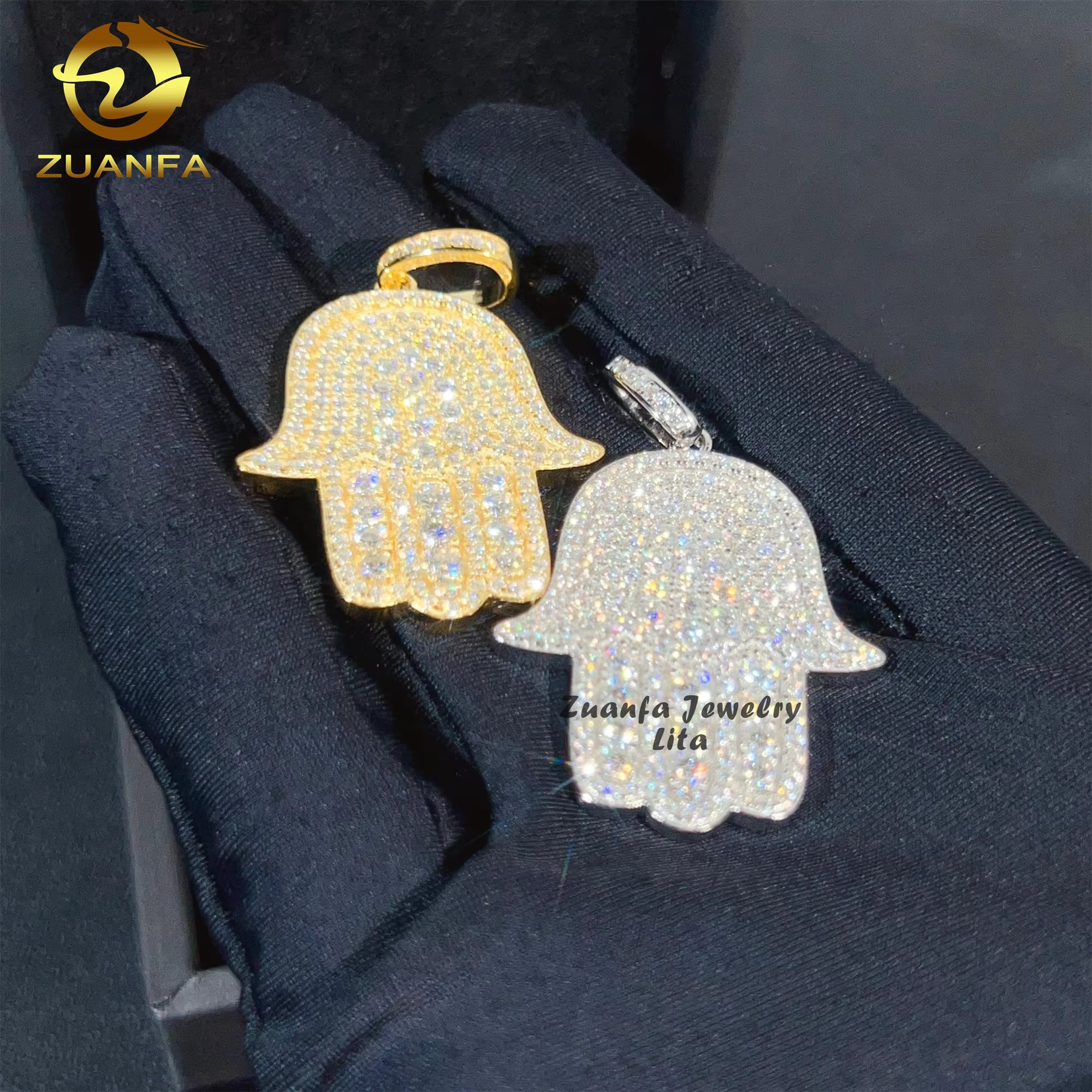 Hip Hop Fashion Rapper Charm 925 Sterling Silver Iced Out Diamond Moissanite Hamsa Hand Pendant