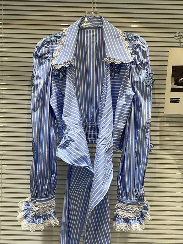 Women Shirt Patchwork Lace Bow Bandage Embroidery Blue Striped Single Breasted Short Blouse 2025 Spring New Fashion 29L8151