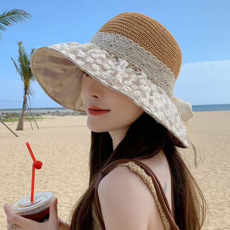 baseball cap 2025 Spring Summer New Beach Sunscreen Fashion and Versatile Lace Large brimmed Sun Hat