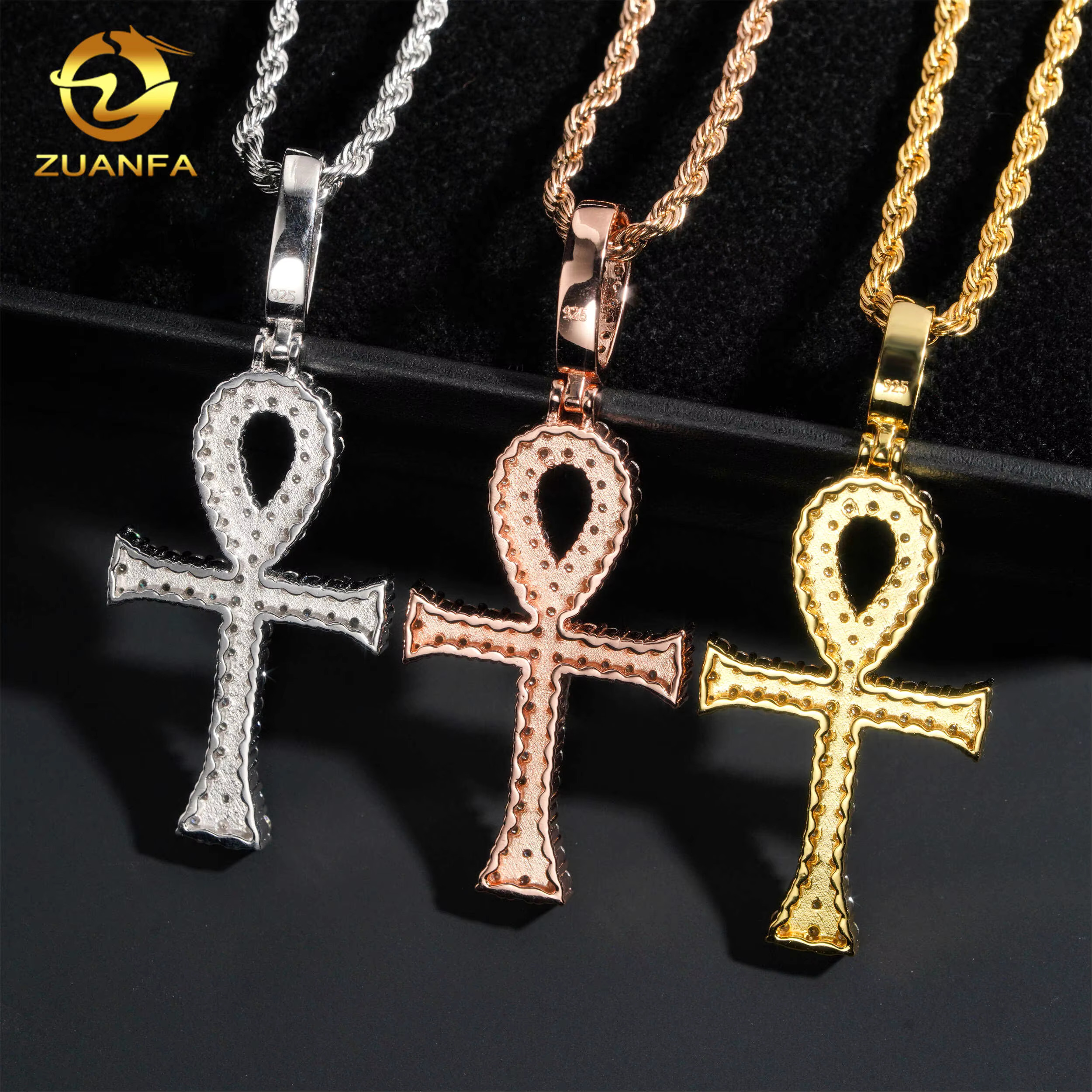 48h Shipping 3 Colors Cross Pendant Round VVS Moissanite Diamond Iced Out Silver Men Women Fashion Fine Jewelry Ankh Pendant