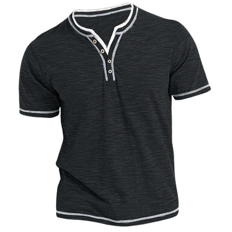 color cotton small V-neck open collar men's short sleeved Henley T-shirt 2025 new casual versatile fashion clothing