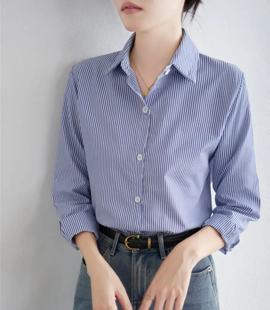 Blue Striped Shirt For Women Loose Spring Autumn Casual Long Sleeves Shirt Fashion Clothes For Ladies Office Lady Wear 250313