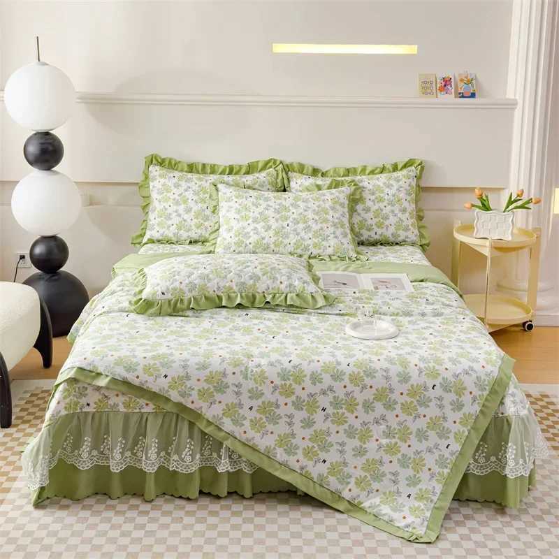 Summer air conditioning blanket four piece set washed cotton edged feather silk printed summer cooling blanket Y250313