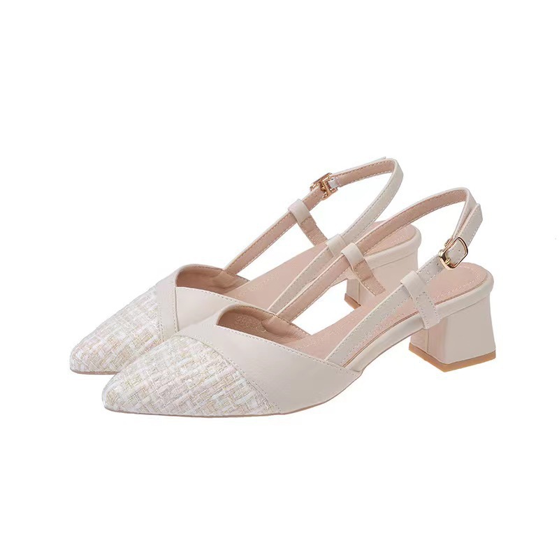 Chunky heel shoes Mid-heel sandals with bun head free Shipping slippers Women with pointed toes Apricot nude black heels 2025