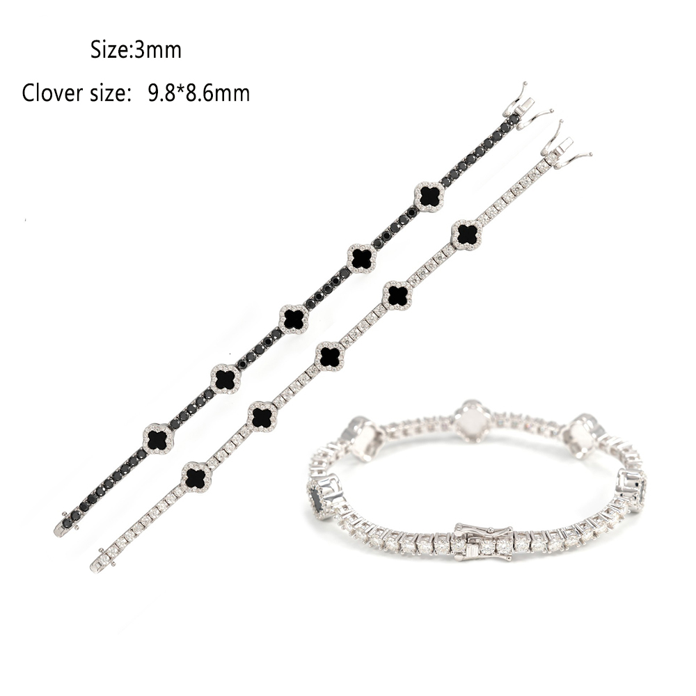 3mm S925 silver Moissanite Black Agate Clover Tennis Chain Bracelet Iced Out for Men Hip Hop Jewelry Pass Diamond Tester WithGRA