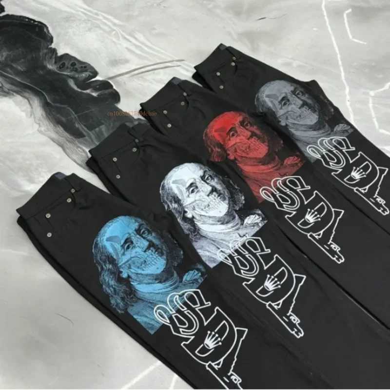 Black straight jeans for men and women new internet celebrity design personalized printed wide leg pants winter loose high street casual jeans X250313