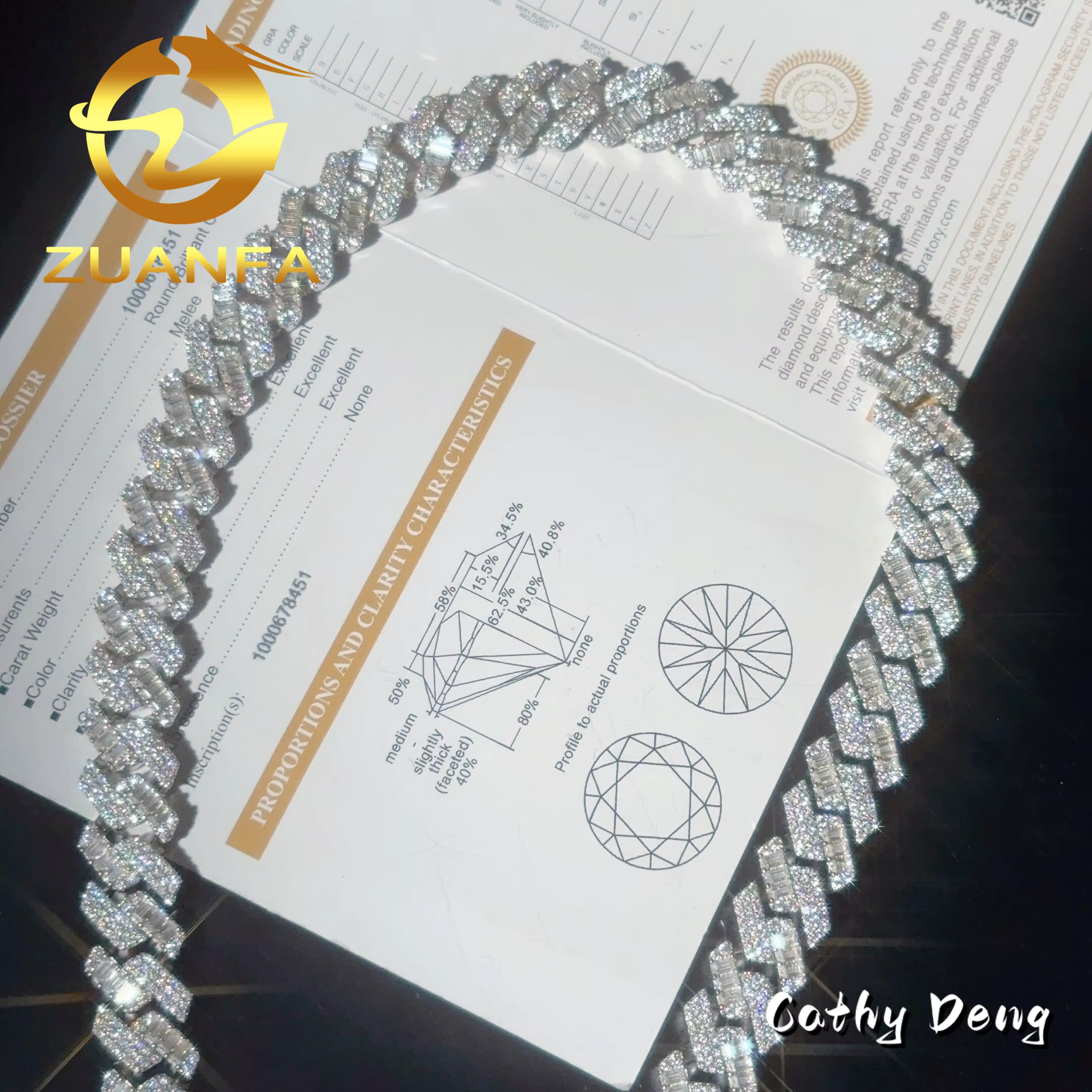 Mix Cut Design3 Row 15MM Solid 925 Silver Cuban Link Moissanite GRA Certified Hip Hop Moissanite Chain Necklace