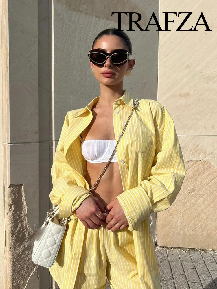 TRAFZA Elegant Womens 2piece Striped Collar Single Chest Pocket Decorative Loose ShirtElastic Waist Casual High Pants 250313