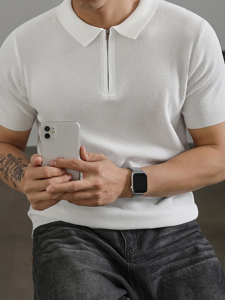 Retro Collar Zipper Knitted Polo Shirt Mens SpringSummer Casual Solid Color Ultra Thin Short Sleeve Street Clothing 250313