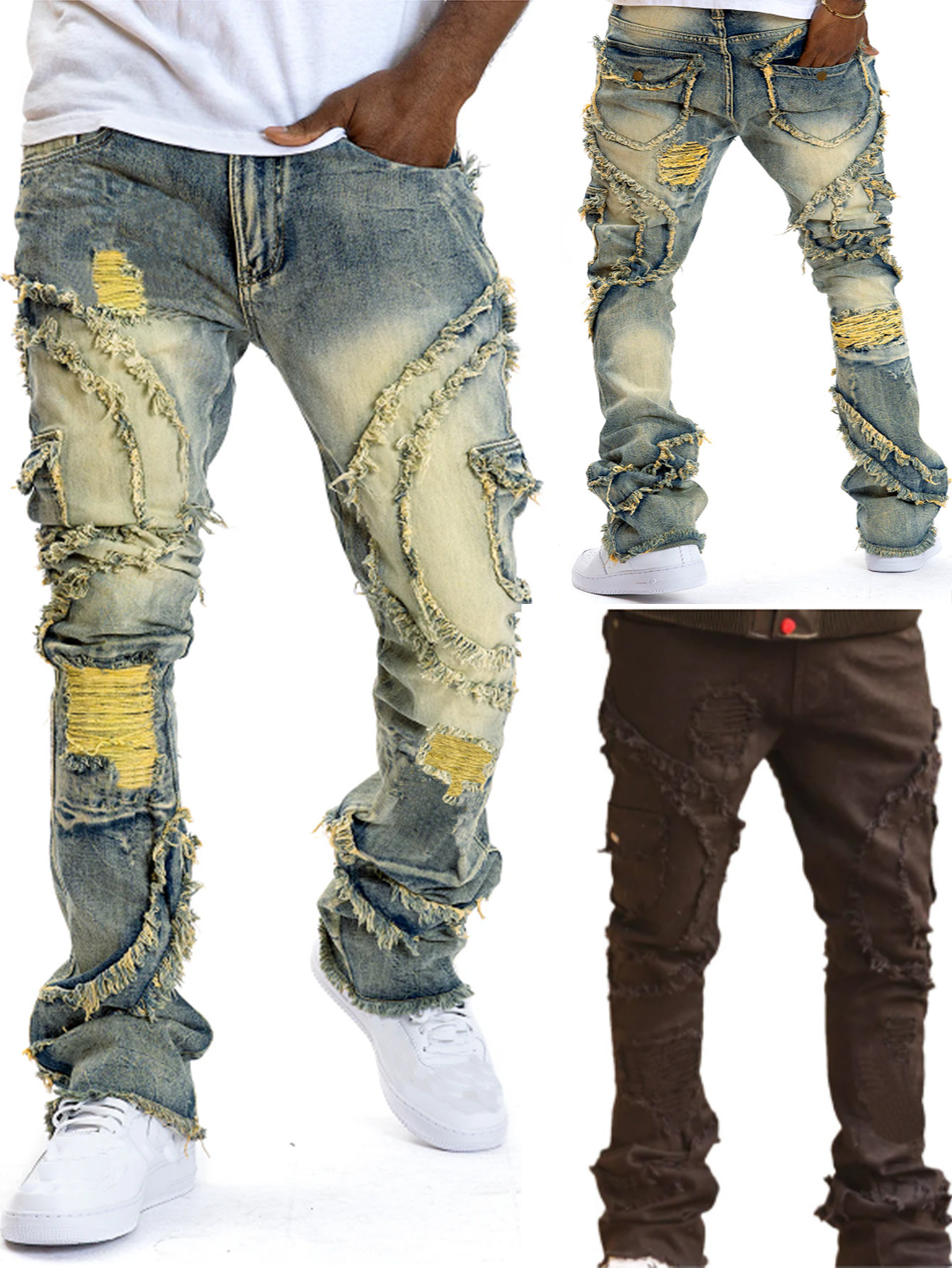 Men's Jeans Men Skinny Stretch Denim Ripped Pants Distressed Freyed Slim Fit Destroyed Jeans