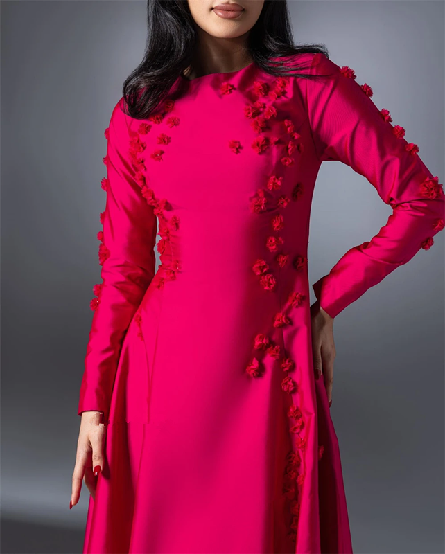 Customized Jiayigong s Flower evening dresses Draped fuchsia A-line O-Neck Bespoke Occasion prom Gown arabic garment
