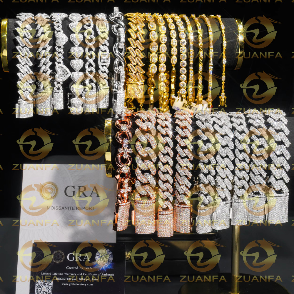 Hot Selling Hip Hop Jewelry 6mm 8mm 10mm Sterling Silver 925 Heart Shape Iced Out Cuban Link Bracelet Moissanite Cuban Bracelet