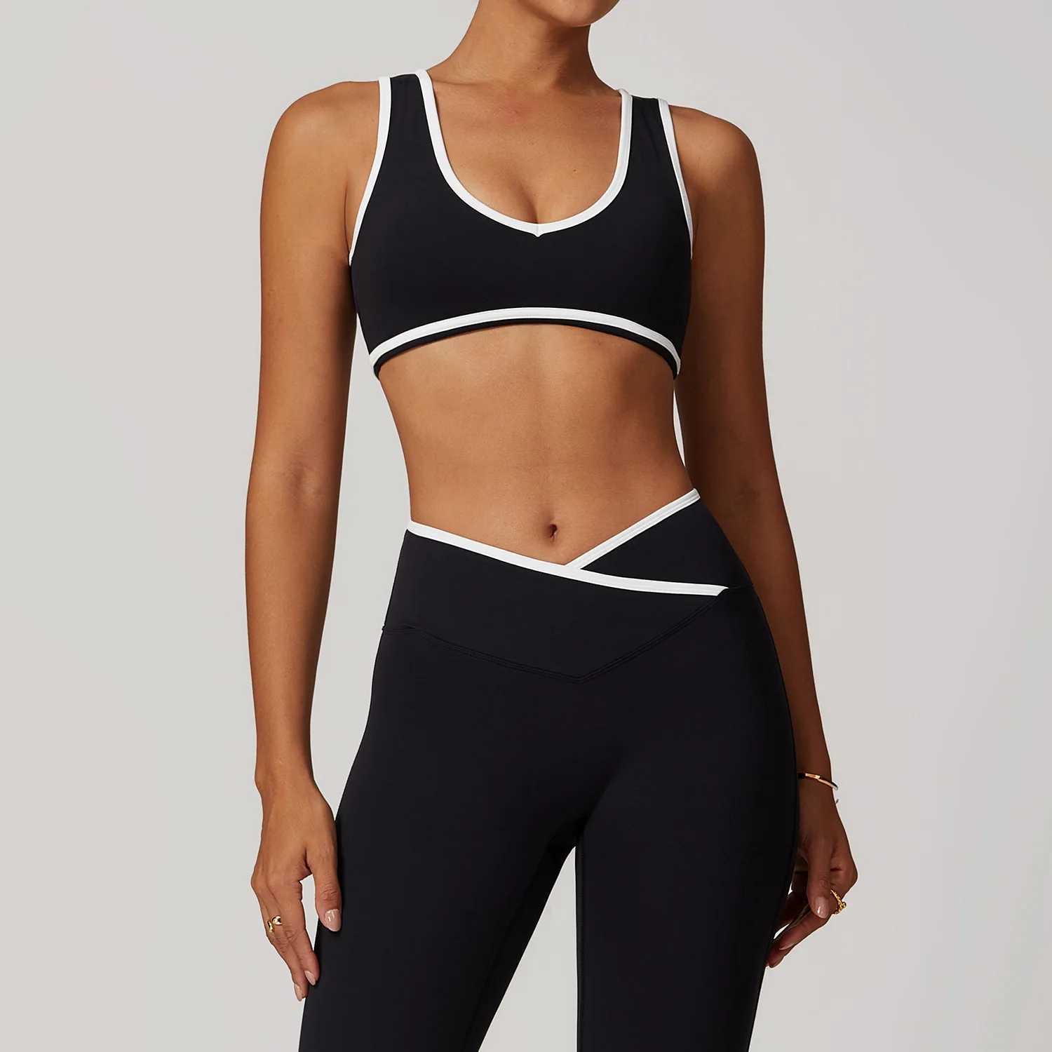 Women's Tracksuits Short Set Women Contrast Padded Bra Crop Top Cross High Waist Sports Pants Fitn Gym Pilates Tank Crop Top Y2503120C8N