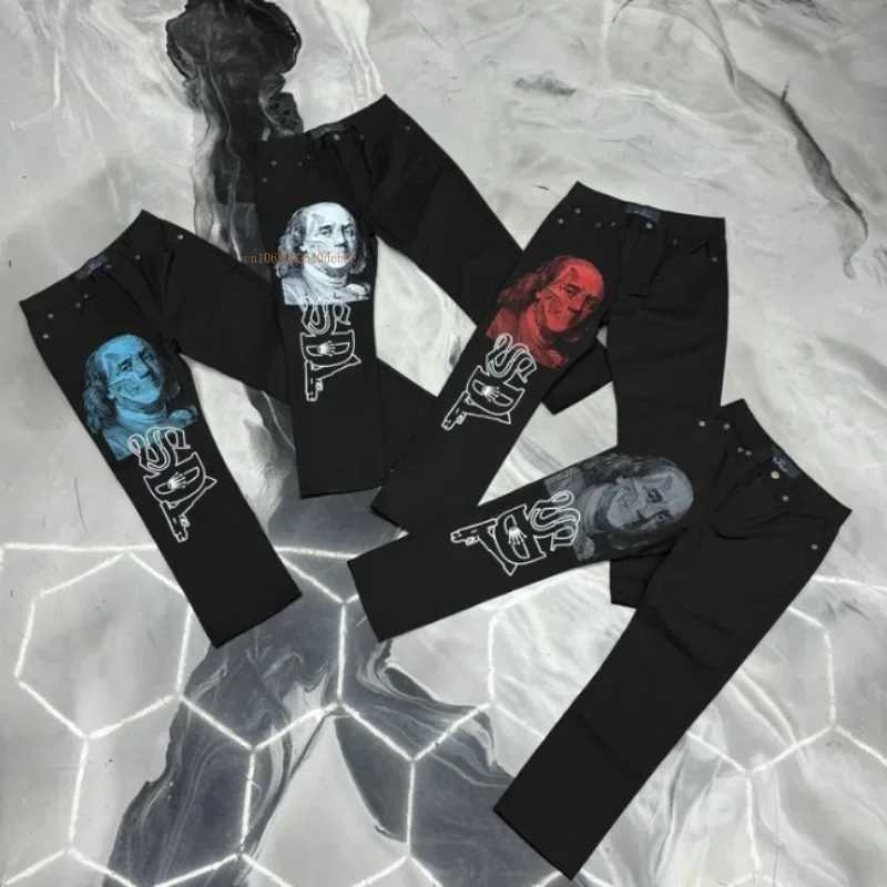 Black straight jeans for men and women new internet celebrity design personalized printed wide leg pants winter loose high street casual jeans X250313