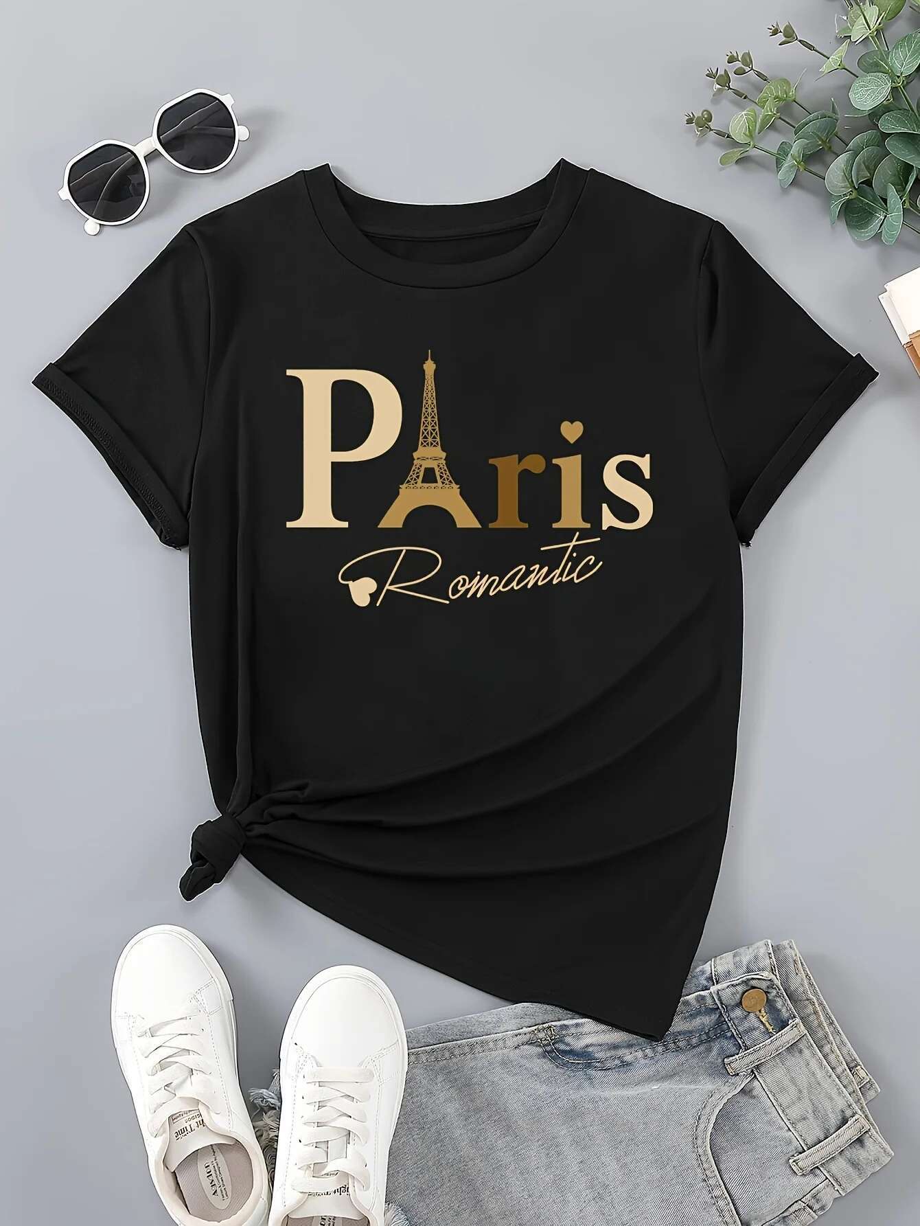 Women's Casual Short Sleeve T-Shirt P Romantic Print - Crew Neck Polyester Knit Fabric Tee With