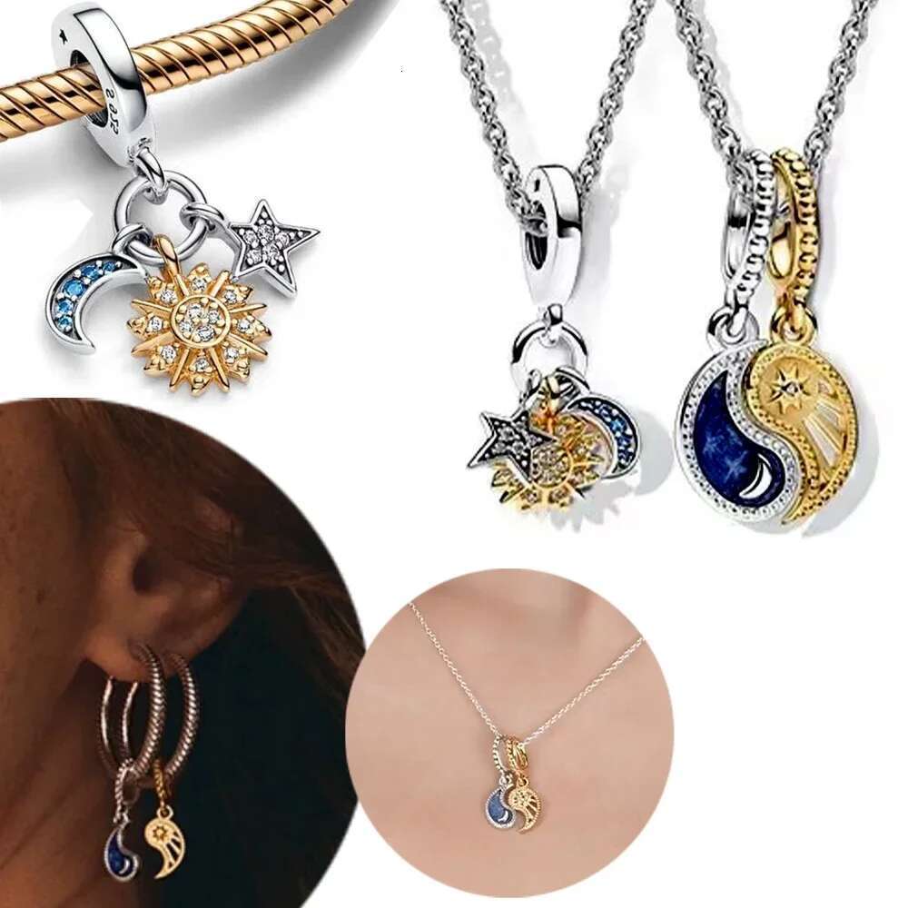 925 Sterling Silver Two-Color Sun And Moon Combination Series Beaded Fit Diy Charm Ring Earrings Women's Jewelry Gift