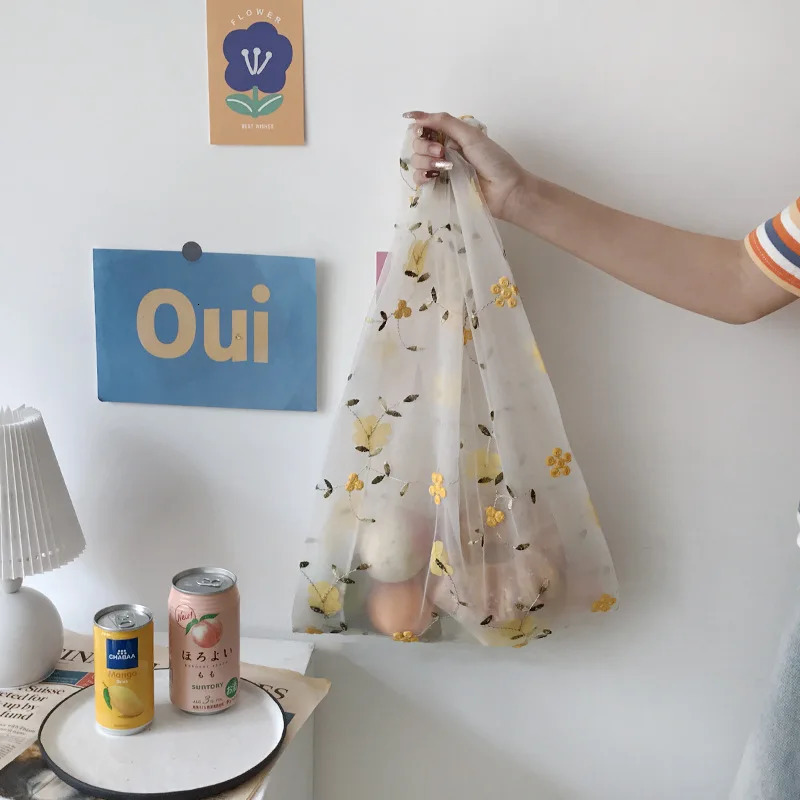 Women Transparent Tote Double Organza Yarn Cloth Bags Embroidery Flowers Handbag High Quality Eco Shopping Bag Purses For Girls R250312