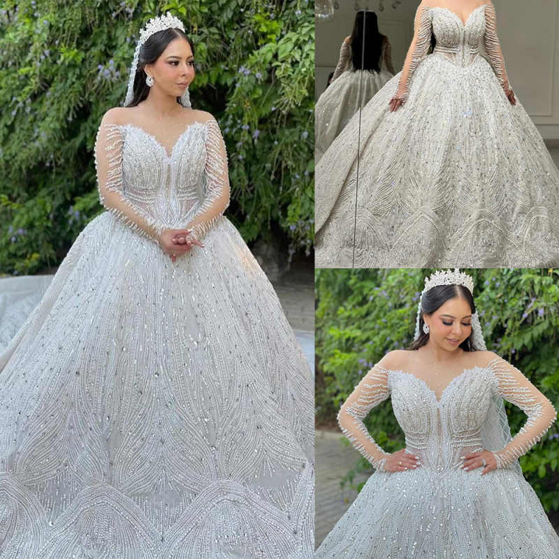 Classic A e Women Wedding Sheer Neck Long Sleeves Bridal Gowns Sequins Pearls Crystal Sweep Train Dress Custom Made