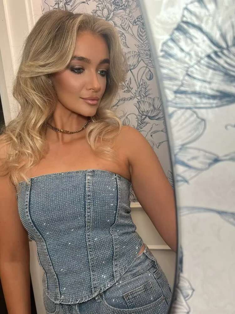 Sexy Sequin Denim Vest Pants Set Women Y2k Solid Sleeveless Tube Crop Top High Waist Zipper Jeans 2025 Fashion Street Party Sets