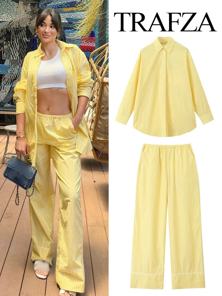 TRAFZA Elegant Womens 2piece Striped Collar Single Chest Pocket Decorative Loose ShirtElastic Waist Casual High Pants 250313
