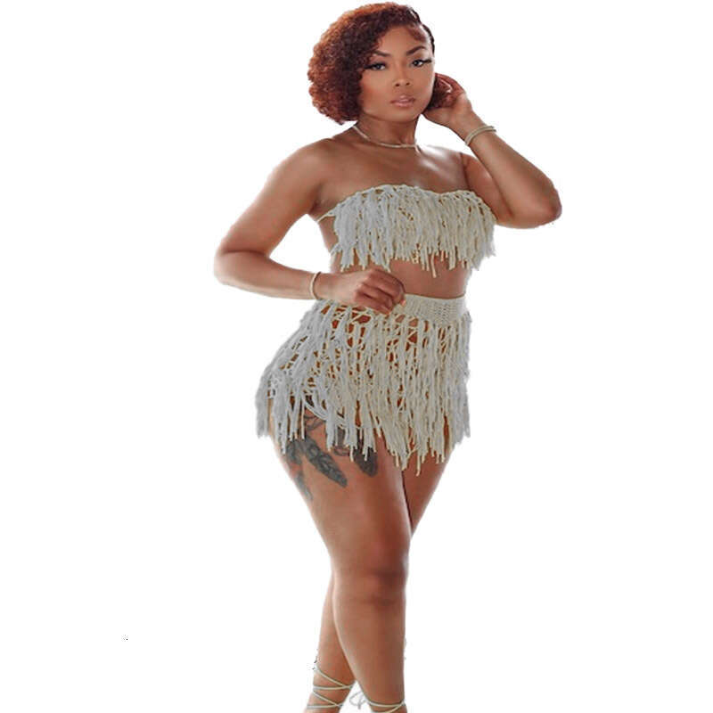New Urban Sexy Perspective Knitted Hand Hook Tassel Beach Shorts Set For Women