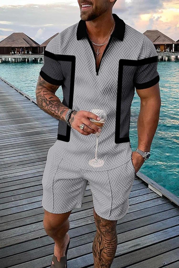 Designer Shirts Men: Bohemian Geometric 3D Print Polo Shirt Zipper Lapel Set & Shorts - Hawaiian Holiday Outfit